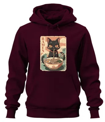 Immagine prodotto di Felpa con cappuccio, stile anime, con immagine di un gatto nero, scritta "Ramen Katze Schwarz Japan", motivo noodles, stile giapponese, colore bordeaux, taglia XXL