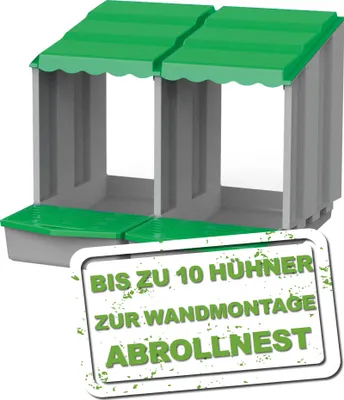 A product shot of a two-compartment chicken nesting box with green accents and a promotional overlay.