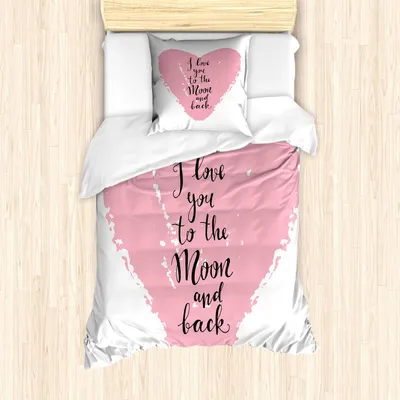Produktbild von ABAKUHAUS Vintage Valentine Bettbezug Set, Beschriftung von Ich liebe dich zum Mond und zurück auf Schmutz-Herz, 135 x 200 cm + 80 x 80 cm, Pale Pink Koksgraue
