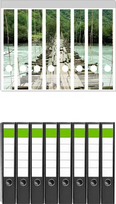 Produktbild von Wallario 8 Stück schmale Ordner inkl. Klebeetiketten mit Motive Alte Hängebrücke über dem Fluss -  Set mit Rückenschildern / Ordnerrücken Stickern