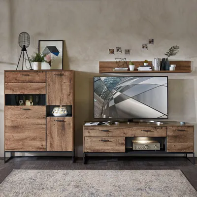 Produktbild von TV-Wohnwand im Industrial Look in Haveleiche Cognac Nachbildung mit graphit MINNEAPOLIS-55, B/H/T ca: 310/165/48 cm