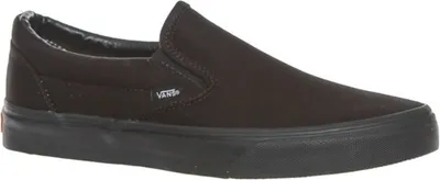 A black Vans slip-on shoe is shown from the side against a white background.