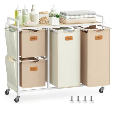 Produktbild von VASAGLE Wäschekorb 4 Fächer, Wäschesammler 150 L, Wäschewagen mit Ablage