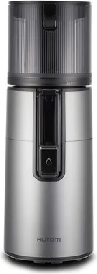 A studio shot of a silver and black slow juicer.
