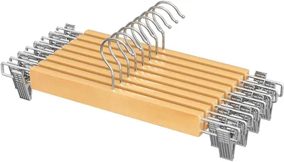 Immagine prodotto di SONGMICS Appendiabiti per pantaloni, set da 8 pezzi, appendiabiti in legno per gonne, con clip regolabili, antiscivolo, per pantaloni, pantaloncini e gonne, colore naturale CRW009N01