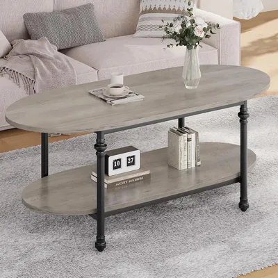 Immagine prodotto di Tavolino ovale – Basso, con 2 ripiani, ideale per il soggiorno, 120 cm – Struttura in legno – Salvaspazio – Design retrò mid-century – Grigio