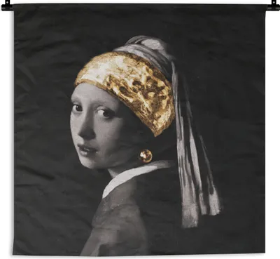 Produktbild von MuchoWow® Wandteppich Wandbehang Das Mädchen mit dem Perlenohrring - Vermeer - Gold 150x150 cm Tapisserie Dekoration Wandtuch - Wohnaccessoires - Modernes