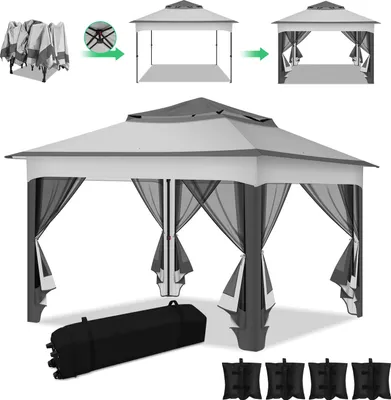 Image de Tente pliante TolleTour Pavillon Pop-up 3,3 x 3,3 x 2,7 m avec parasol, moustiquaire, sac de transport, sacs de sable, protection UV et double toit avec ouverture d'aération - Gris