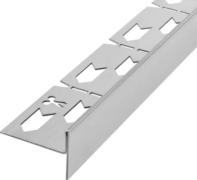 A close-up, angled view of a metal corner profile with cut-out shapes.