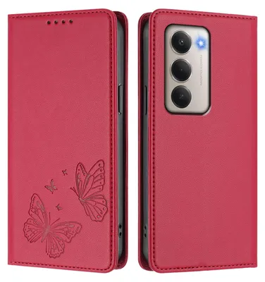 Produktbild von Lederhülle für Xiaomi Redmi 15 5G/4G, Schmetterling Prägung Leder Brieftasche Schutzhülle mit Ständer Rot