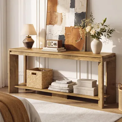 Image de Table console basse, 160 cm, table d'entrée en bois avec espace de rangement, meubles TV à deux niveaux, table d'appoint de style rustique, table basse étroite et longue