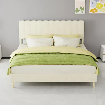 Productafbeelding van Zerbaco gestoffeerd tweepersoonsbed, 160x200 cm, beige, met lattenbodem, zonder matras