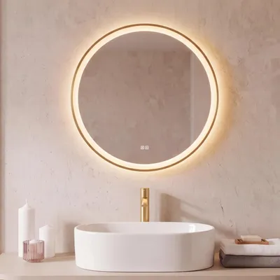 Produktbild von LED Badezimmerspiegel Rund 60 cm – Badspiegel mit LED Beleuchtung, Touch-Schalter, Anti-Beschlag, 3 Lichtfarben, Goldener Rahmen – SAVE HOME, KI-generiertes Bild