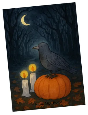Produktbild von Mr. & Mrs. Panda Postkarte Krähe Halloween Design - Weiß - Geschenk, kunstkarte, Postkarten, Grußkarte, Fotokarte, Dekoration, Ansichtskarten