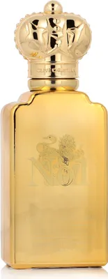 A gold perfume bottle with a crown-shaped cap and embossed details on the front.