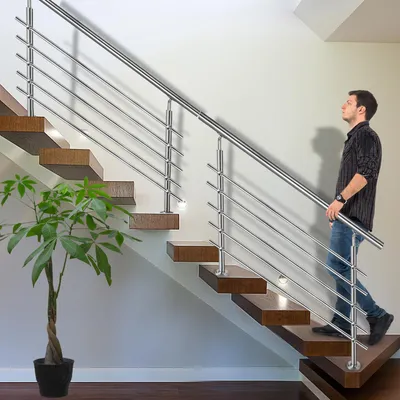 Produktbild von YZNAHRE Edelstahl Treppengeländer 180cm Handlauf Geländer Brüstung mit 2 Pfosten Bausatz Treppen für Innen und Außen, 5 Querstreben