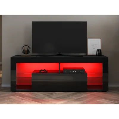 Produktbild von SUNXURY Schwarzer, hochglänzender niedriger TV-Schrank,mit dämpfendem Scharnier,12-farbiger LED-Lichtstreifen,Flexible Lagerung,140x35x50,5cm