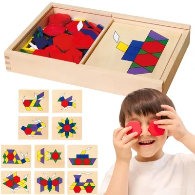 Productafbeelding van Viga Houten Geometrische Mozaïek Dienes Blokken Montessori Logische Puzzel 148 Stuks