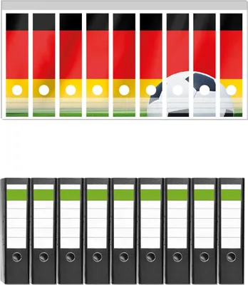 Produktbild von Wallario 9 Stück breite Ordner inkl. Klebeetiketten mit Motive Fußball vor einer Deutschlandflagge -  Set mit Rückenschildern / Ordnerrücken Stickern