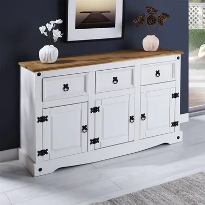 Produktbild von Sideboard CAMPO im Mexiko Stil Kommode Kiefer massiv weiß  mit 3 Schubladen und 3 Türen Buffetschrank Geschirrschrank