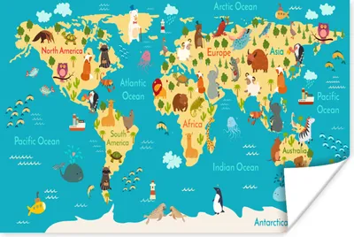 Produktbild von MuchoWow® Poster Weltkarte - Kinder - Tiere - Gelb - Blau - Jungen - Mädchen 120x80 cm - Bilder