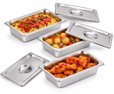 Obrázek produktu pro Relaxdays Sada tří gastro kontejnerů, nerezová ocel, GN 1/4, gastronormové nádoby s víkem, rozměry 6,5 x 26,5 x 16,2 cm, pro kuchyň, stříbrná barva, Obrázek vytvořený pomocí AI