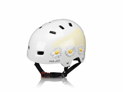 A white bicycle helmet with a daisy pattern and yellow accents, shown on a white background.