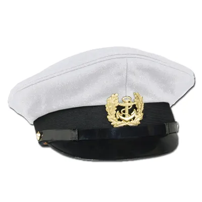 A white marine peaked cap with a black band and a gold anchor emblem.