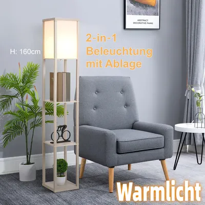 Produktbild von Moderne Regal Stehleuchte Holz Eiche Hell mit 3 Ablagen – 160 cm Skandi Eckleuchte Standleuchte mit Fußschalter & Acrylschirm für Wohnzimmer & Schlafz