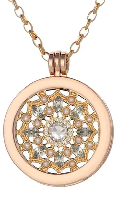Zdjęcie produktu dla Naszyjnik damski Morella, złoty, 70 cm, ze stali nierdzewnej, z amuletem i monetą o średnicy 33 mm, z kwiatowym wzorem z cyrkonii w kolorze złotym, w woreczku na biżuterię