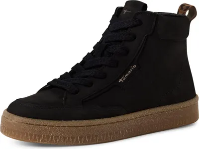 A studio shot of a black high-top sneaker with a brown sole.