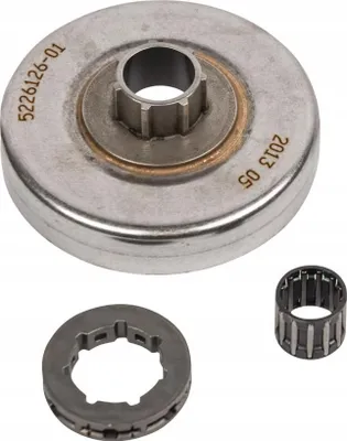 A set of chainsaw clutch parts on a white background.