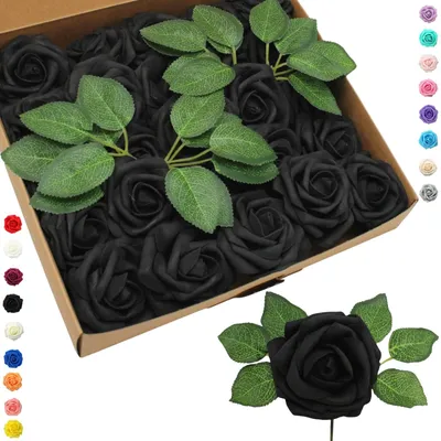 Produktbild von Künstliche Schaumrosen mit Stielen - Realistische Dekoblumen für Arrangements und Bastelarbeiten - 25 Stück Schwarz 8 cm