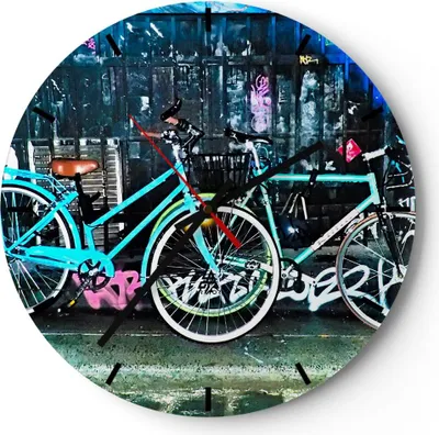 Produktbild von Wanduhr - Rund - Glasuhr - Fahrräder Graffiti Straße Wand - 30x30cm - Schleichendes Uhrwerk - Lautlos - zum Aufhängen bereit - Dekoration Modern - Wanddekoration aus Glas - C3AR30x30-2949