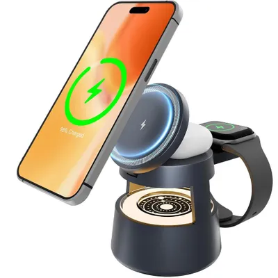 Produktbild von 5-in-1 kabelloses Ladegerät mit Bluetooth Lautsprecher & LED Nachtlicht, magnetisch, faltbar, für Smartphone, Kopfhörer & Uhr, sicher & kompakt