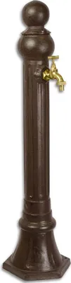 A brown outdoor water tap stand with a brass faucet.