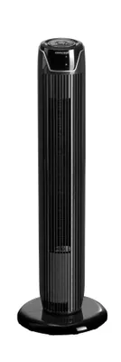 A black tower fan is shown standing on a white background.