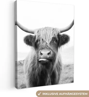 Produktbild von MuchoWow® - Leinwandbilder - Tiere - Schottischer Highlander - Kuh - Schwarz - Weiß, Wandbild, Wanddeko Bilder Wohnzimmer, 90x120 cm