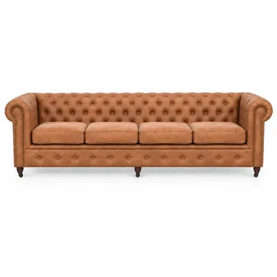 Produktbild von MOEBELHAUS Sofa CHESTERFIELD Windsor 4-Sitzer Kunstleder Cognac Vintage-Optik Nietenbesatz Rollen Wohnzimmer Couch Möbel