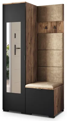 Produktbild von Masseno Garderobe-Set VIRA 95/181/51 cm Modern Garderobenschrank Eiche Lefkas, Veloursstoff MONOLITH 09 (Beige)