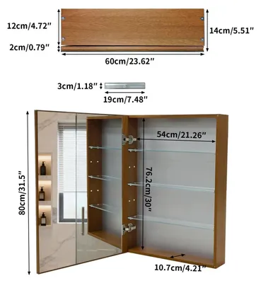 Produktbild von Badspiegel mit Spiegelschrank - Wandmontierter Medizinschrank - 60 x 14 x 80 cm - Metallrahmen - Stauraum - Spiegelbeleuchtung inklusive - Moderner Stil