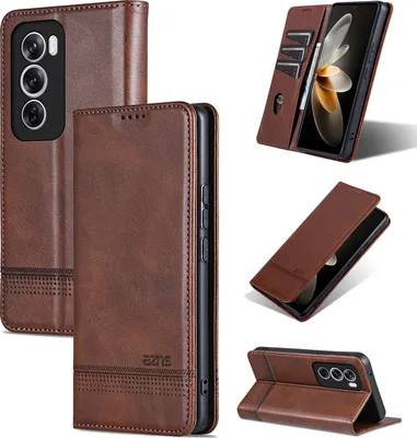 Image de Etui en cuir pour Oppo Reno12 Pro, étui portefeuille pliable avec fermeture magnétique et support Café