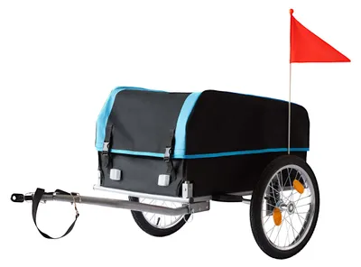 Obrázok produktu pre Relaxdays Príves za bicykel, skladací, 120 l, ochrana proti dažďu, vlajka, rozmery 59 x 124 x 69 cm, príves za bicykel, čierno-modrý