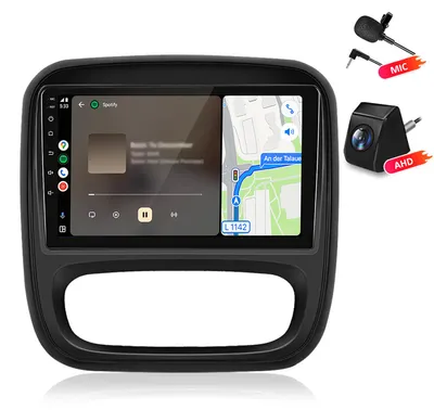 Zdjęcie produktu dla Radio samochodowe 4+64GB z kamerą i mikrofonem, kompatybilne z Renault Trafic 3 oraz Opel Vivaro B (lata produkcji 2014-2021), wyposażone w Carplay, Android Auto, nawigację GPS, Wi-Fi, Bluetooth, DAB+, RDS, sterowanie z kierownicy (SWC), wyświetlacz 9 cali