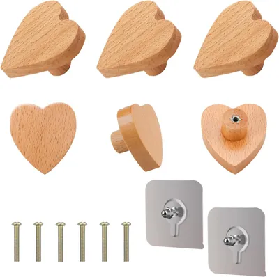 Produktbild von Holzschrankknöpfe 6 Stück, Herzform, 44x47 mm, für Schränke, Möbelknöpfe für Schubladen