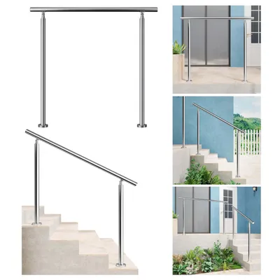 Collage of stainless steel handrails for stairs, shown in different settings and angles.
