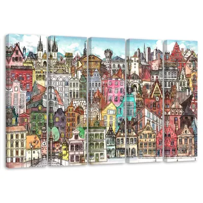 Produktbild von 5-teiliges leinwandbild fröhliche stadt 100x70 cm Feeby farbe wandbild bereit zum aufhängen