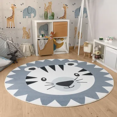Produktbild von Kinderteppich Teppich Kinderzimmer Rund Waschbar Bis 30 Grad Löwenkopf Bärenkopf Grösse Ø 100 cm Rund