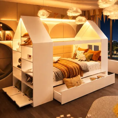 Image de Lit bébé 90 x 200 cm, lit transformable avec deux tiroirs, éclairage LED et espace de rangement, étagère ouverte, porte de rangement rabattable, lit multifonction, blanc