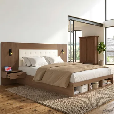 Produktbild von Holzbett Doppelbett Jugendbett 180x200 mit USB & Stauraum (mit USB& Type-C-Ladestation und Leselampe, mit 2 Nachttische)